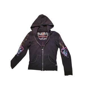 Twisted Heart Womens Black Zip Hoodie Studded Rhinestone Butterfly Skull Y2K